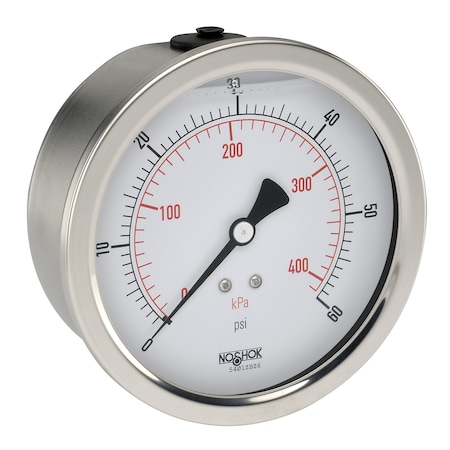 Pressure Gauge, 2.5 304SS Case, Copper Alloy Internals, 600 Psi/kPa, 7/16-20 Male Back Conn, Glycerin Filled, Panel Mount Clamp